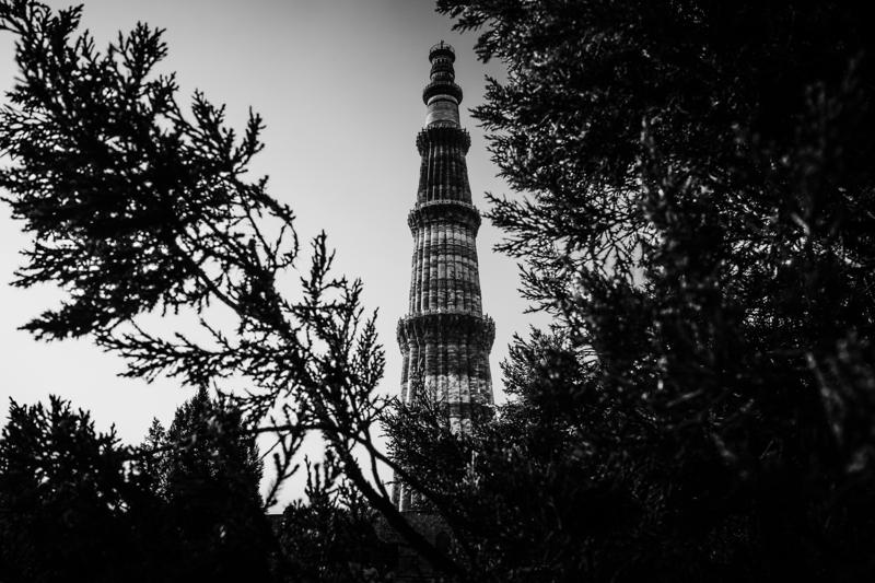Qutub Minar rises between dark trees in monochrome, its carved stone bands and narrow balconies sharply defined against the open sky above.